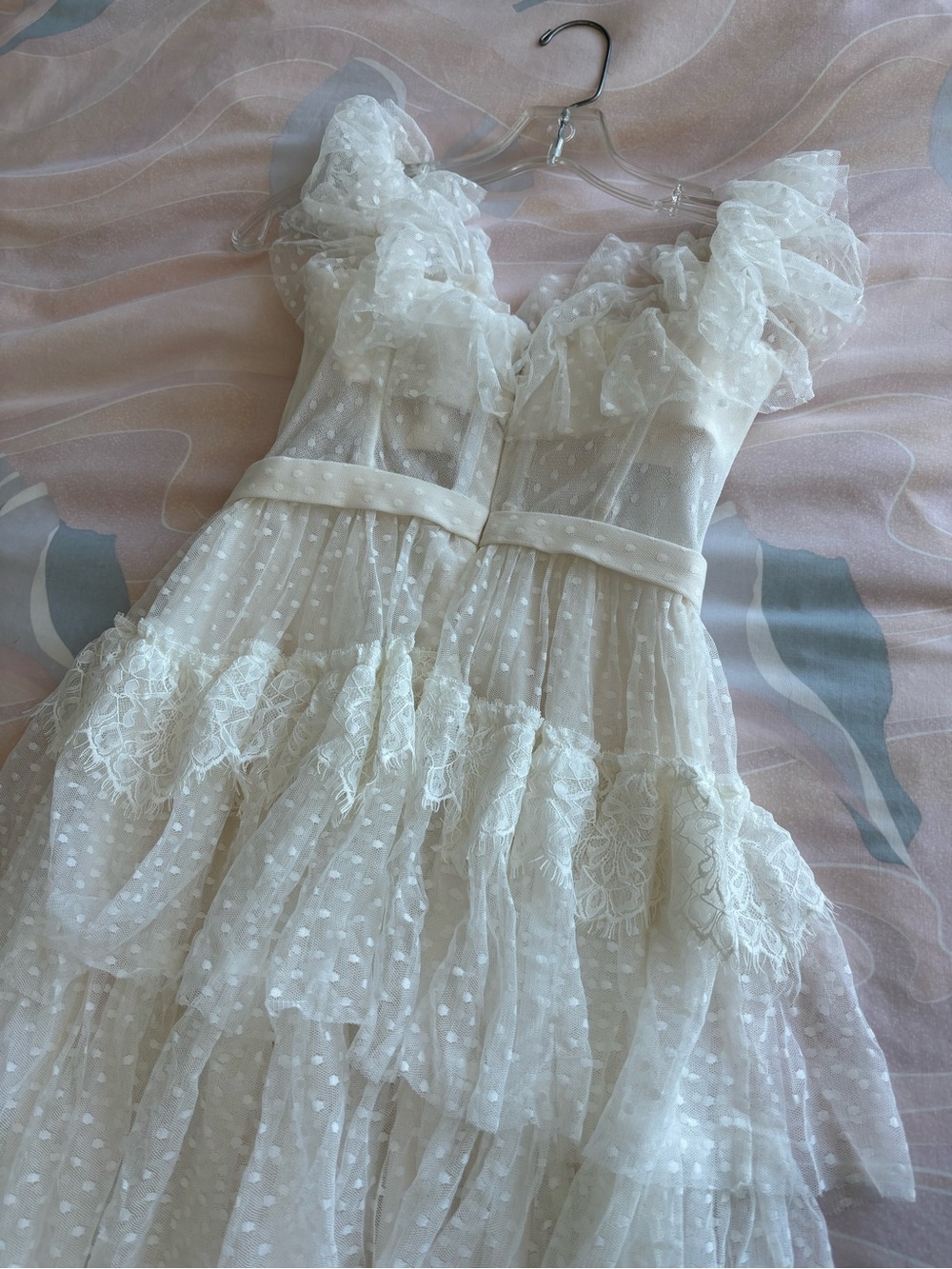 BCBGMaxAzria White Off-Shoulder Ruffled Tulle Dress - Picture 5 of 8